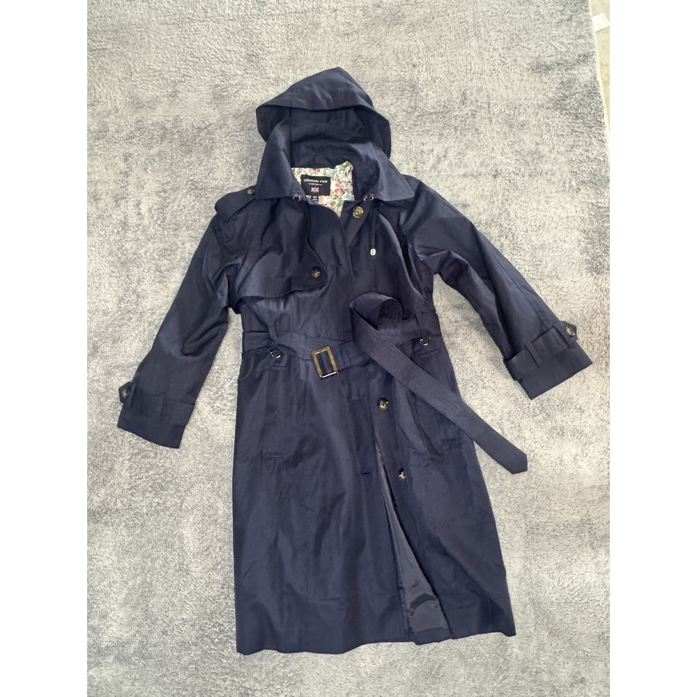 London Fog Hooded Trench Coat PXXL Navy Blue Floral Lining Belted